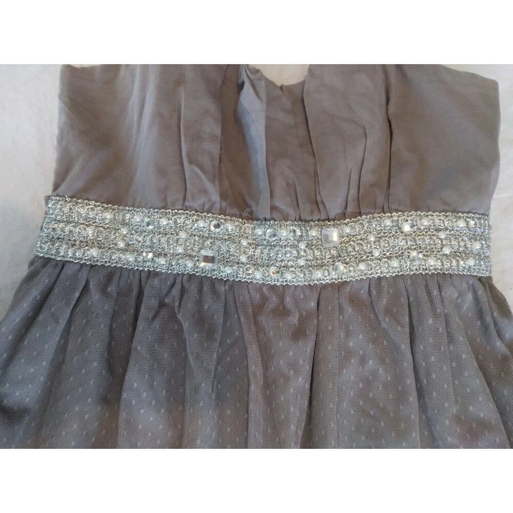 Daytrip Dress Gray Strappy Babydoll Lace Ruffles Rhinestones Beads Womens Medium - Picture 4 of 7